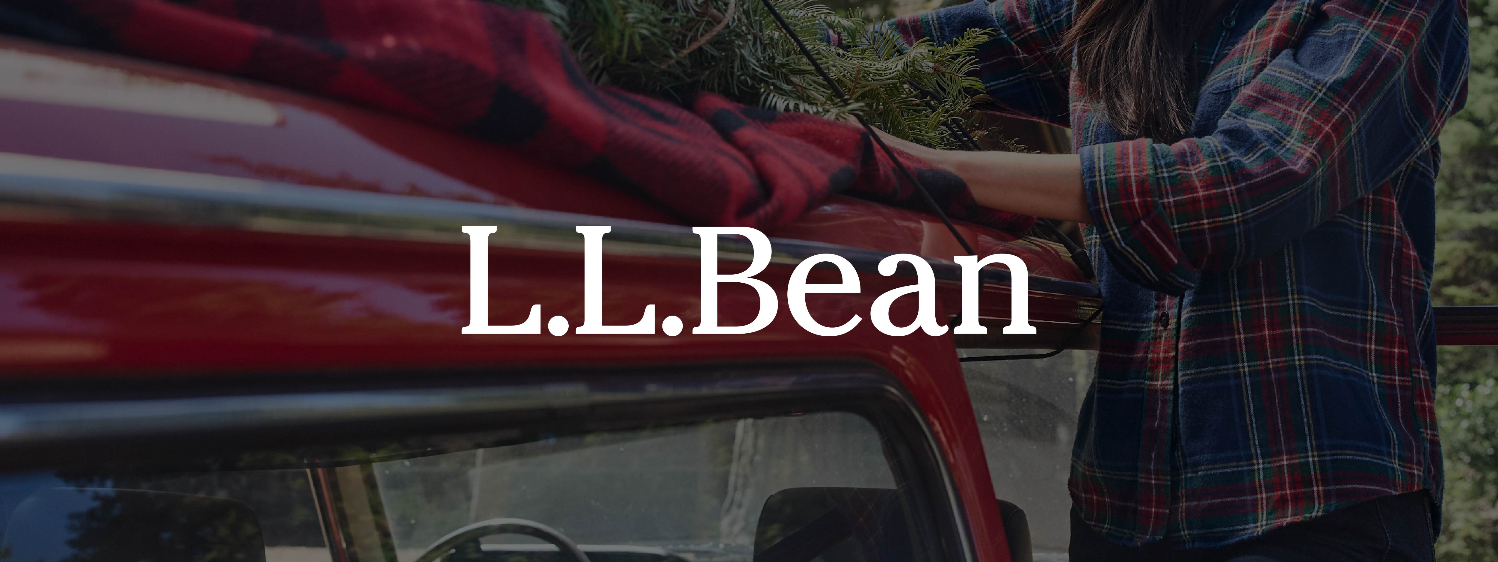 L.L. Bean logo and background photo of car person in flannel